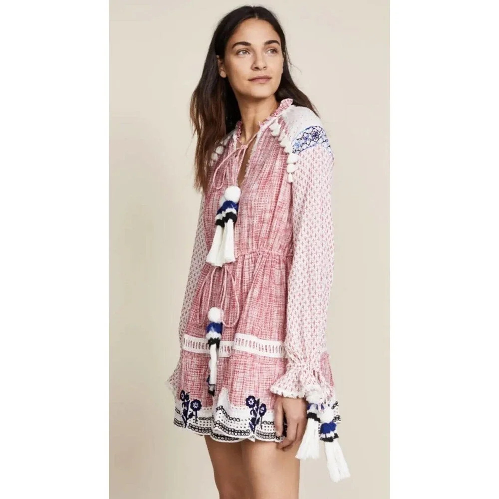 Hemant & Nandita Women's Tunic Gauze Dress Tassel Pom Pom Embroidered Eyelet S